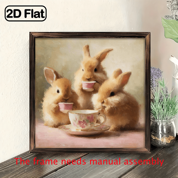2D Flat 1Pc Wood Frame Sign Bunny Tea Party Square Wall Art Paintings Ideal Gift For Living Room Bedroom Corridor Wall Decor Room Decoration Ready to Hang 8x8in