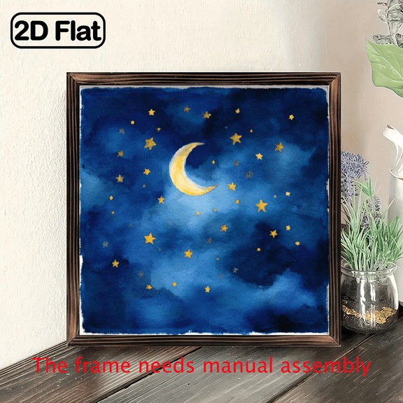 2D Flat, 1Pc Wood Frame Sign Cartoon star night Square Wall Art Paintings Ideal Gift For Living Room Bedroom Corridor Wall Decor Room Decoration Ready to Hang 8x8inch, Decorative Sign, Plaque