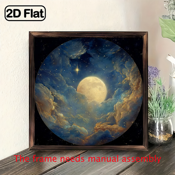 2D Flat, 1Pc Wood Frame Sign Celestial Moon, Dreamy Night Sky Square Wall Art Paintings Ideal Gift For Living Room Bedroom Corridor Wall Decor Room Decoration Ready to Hang 8x8inch