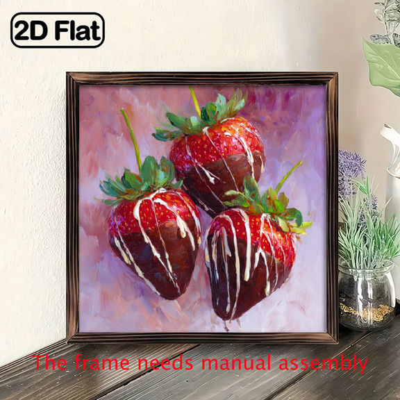2D Flat 1Pc Wood Frame Sign Chocolate Dessert, Strawberry Square Wall Art Paintings Ideal Gift For Living Room Bedroom Corridor Wall Decor Room Decoration Ready to Hang 8x8inch
