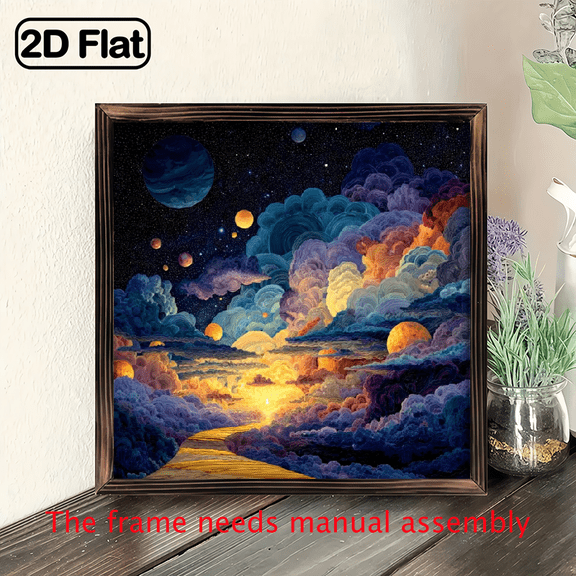 2D Flat, 1Pc Wood Frame Sign Colorful Cosmic Sunset Square Wall Art Paintings Ideal Gift For Living Room Bedroom Corridor Wall Decor Room Decoration Ready to Hang 8x8inch, Decorative Sign, Plaque
