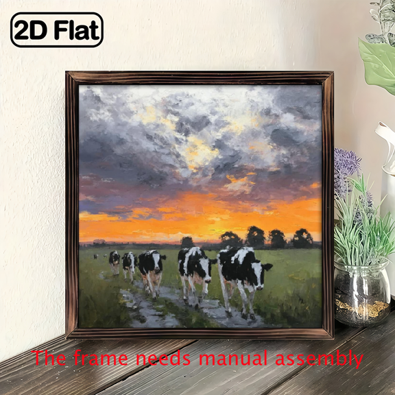 2D Flat, 1Pc Wood Frame Sign Dairy Cows, Sunset Cows Colorful Landscape Square Wall Art Paintings Ideal Gift For Living Room Bedroom Corridor Wall Decor Room Decoration Ready to Hang 8x8inch