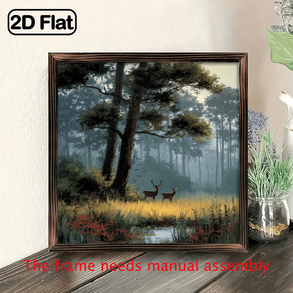 2D Flat 1Pc Wood Frame Sign Deer Pine Trees, Serene Nature Scene, Rustic Farmhouse Square Wall Art Paintings Ideal Gift For Living Room Bedroom Corridor Wall Decor Room Decoration Ready to Hang 88