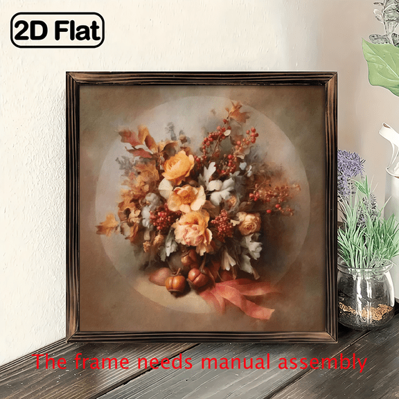 2D Flat 1Pc Wood Frame Sign Fall Season, Acorn Floral Square Wall Art Paintings Ideal Gift For Living Room Bedroom Corridor Wall Decor Room Decoration Ready to Hang 8x8inch