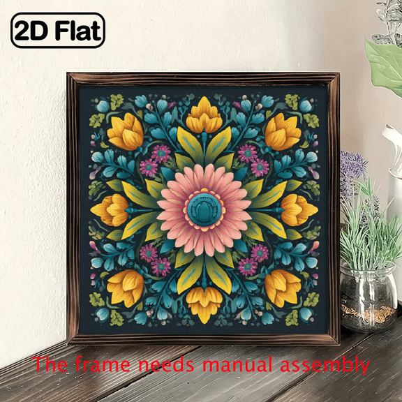 2D Flat, 1Pc Wood Frame Sign Floral Square Wall Art Paintings Ideal Gift For Living Room Bedroom Corridor Wall Decor Room Decoration Ready to Hang 8x8inch