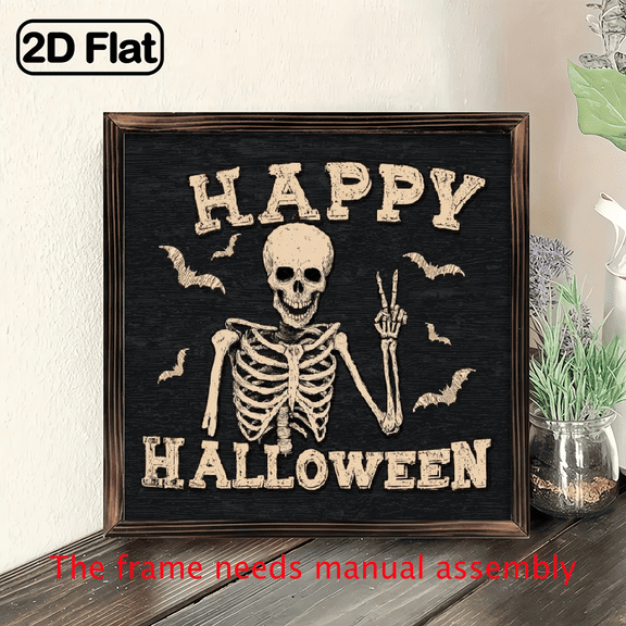 Wood Frame Sign Halloween Funny and Spooky Halloween Skull Wall Art Paintings Ideal Gift For Living Room Bedroom Corridor Wall Decor Room Decoration ReadyHang 8x8inch, Decorative Sign