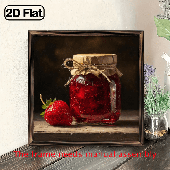 2D Flat, 1Pc Wood Frame Sign Kitchen Still Life, Strawberry Jam Square Wall Art Paintings Ideal Gift For Living Room Bedroom Corridor Wall Decor Room Decoration Ready to Hang 8x8inch