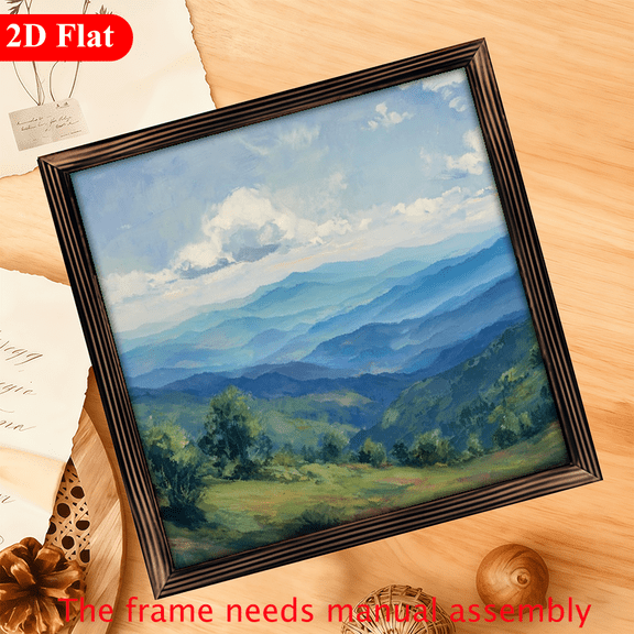Wood Frame Sign Layered mountains, misty clouds, impressionist landscape painting Wall Art Paintings Ideal Gift For Valentine's Day, For wife, husband, beloved, and family Living Ro