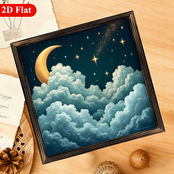 2D Flat 1Pc Wood Frame Sign Night Sky Cloud Sea, New Moon and Stars, Dreamy Abstract Art Style Wood Frame Wall Art Wall Pediments, 12x12inch Wall Decor Home Decorations, Perfect for Room Decor L