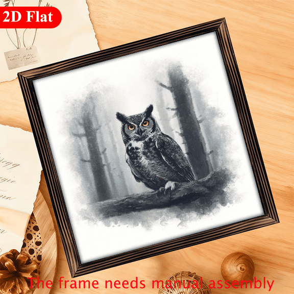 2D Flat 1Pc Wood Frame Sign Owl, Bird, Wild Animal, Night Forest, Farmhouse Square Wall Art Paintings Ideal Gift For Living Room Bedroom Corridor Wall Decor Room Decoration Ready to Hang 12x12inch