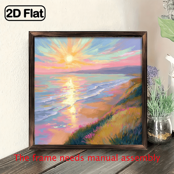 2D Flat, 1Pc Wood Frame Sign Pastel Colored Beach Square Wall Art Paintings Ideal Gift For Living Room Bedroom Corridor Wall Decor Room Decoration Ready to Hang 8x8inch