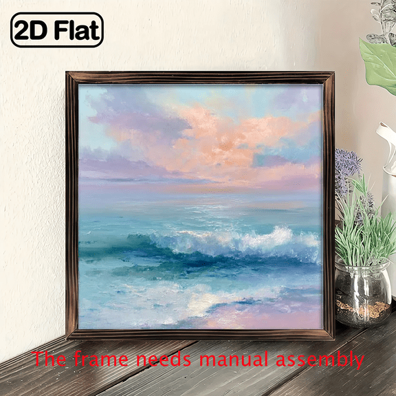 2D Flat, 1Pc Wood Frame Sign Pastel Ocean Sunset Seascape Square Wall Art Paintings Ideal Gift For Living Room Bedroom Corridor Wall Decor Room Decoration Ready to Hang 8x8inch
