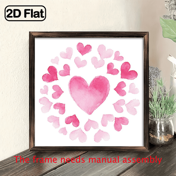 2D Flat, 1Pc Wood Frame Sign Pink Heart Love Romantic Valentines Wall Art Paintings Ideal Gift For Living Room Bedroom Farmhouse Corridor Wall Decor Room Decoration Ready to Hang 8x8inch