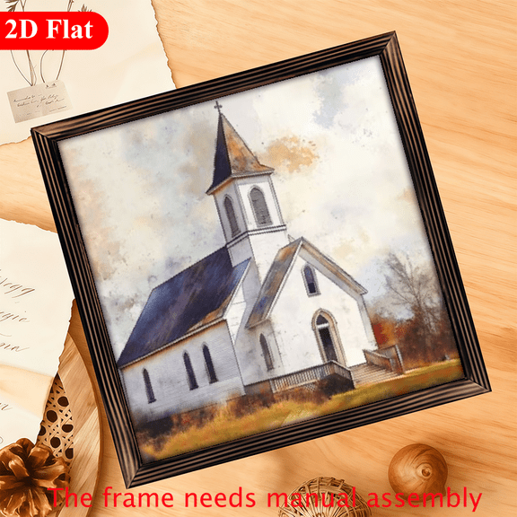 2D Flat, 1Pc Wood Frame Sign Rural Church, Steeple Cross, Watercolor Freehand Style Wall Art Paintings Ideal Gift For Living Room Bedroom Corridor Wall Decor Room Decoration 12x12inch