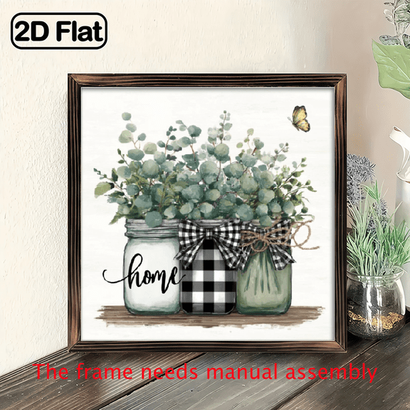 2D Flat, 1Pc Wood Frame Sign Sage Green, Eucalyptus Leaves Wall Art Paintings Ideal Gift For Living Room Bedroom Corridor Wall Decor Room Decoration Ready to Hang