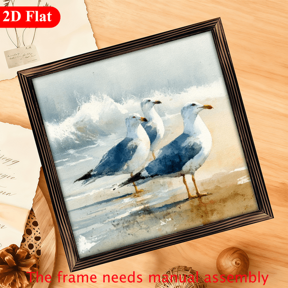 2D Flat, 1Pc Wood Frame Sign Seagull Group, Coastal Waves, Watercolor Freehand Style Wall Art Paintings Ideal Gift For Living Room Bedroom Corridor Wall Decor Room Decoration Ready to Hang 12x12