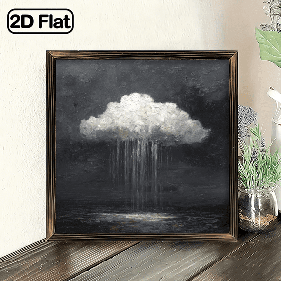 2D Flat, 1Pc Wood Frame Sign Solitary cloud brings rain, dark night water curtain, realistic oil painting style Wall Art Paintings Ideal Gift For Living Room Bedroom Corridor Wall Decor Room Dec