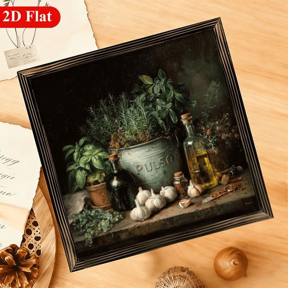 2D Flat, 1Pc Wood Frame Sign Vanilla and Olive Oil Still Life, Kitchen Ingredients, Classical Realism Wall Art Paintings Ideal Gift For Living Room Be