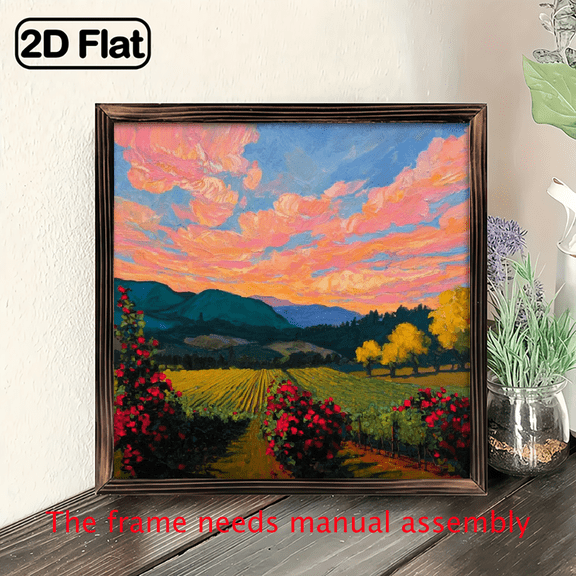 2D Flat, 1Pc Wood Frame Sign Vineyard Views, California Wildflower Mountain Hill Landscape Square Wall Art Paintings Ideal Gift For Living Room Bedroom Corridor Wall Decor Room Decoration Ready to