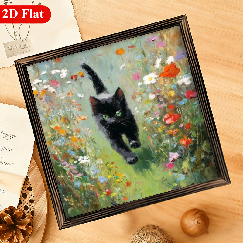 2D Flat, 1Pc Wood Frame Sign Vintage Black Cat in Flower Field Wall Art ...