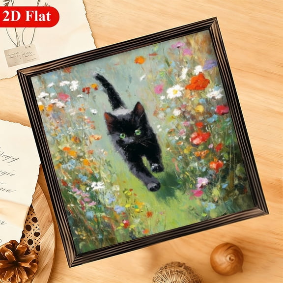 2D Flat, 1Pc Wood Frame Sign Vintage Black Cat in Flower Field Wall Art Paintings Ideal Gift For Living Room Bedroom Farmhouse Corridor Wall Decor Roo