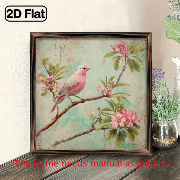 2D Flat, 1Pc Wood Frame Sign Vintage Spring Bird Wall Art Paintings Ideal Gift For Living Room Bedroom Farmhouse Corridor Wall Decor Room Decoration Ready to Hang