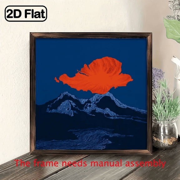 2D Flat, 1Pc Wood Frame Sign Volcano Square Wall Art Paintings Ideal Gift For Living Room Bedroom Corridor Wall Decor Room Decoration Ready to Hang 8x8inch, Decorative Sign, Plaque