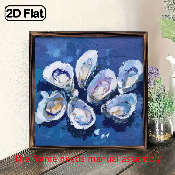 2D Flat, 1Pc WoodFrame Sign Blue Oyster Shell, Abstract Square Wall Art Paintings Ideal Gift For Living Room Bedroom Corridor Wall Decor Room Decoration Ready to Hang 8x8inch