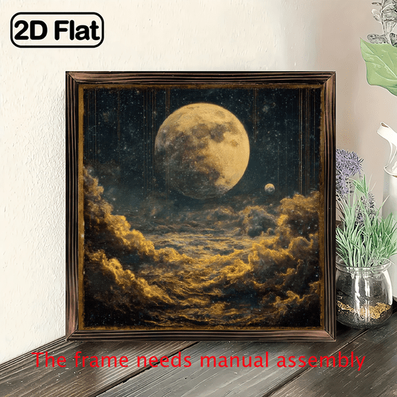 2D Flat, 1Pc WoodFrame Sign, Full Moon and Stars Print Moonlit Clouds Art Gold Night Sky Wall Art Paintings Ideal Gift For Living Room Bedroom Corridor Wall Decor, Ready to Hang 8x8inch.