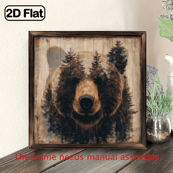 2D Flat, 1Pc WoodFrame Sign, Grizzly Bear Framed Print Brown Bear Wall Art Rustic Animal Wall Art Paintings Ideal Gift For Living Room Bedroom Corridor Wall Decor, Ready to Hang 8x8inch.