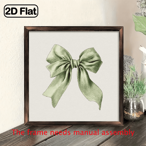 2D Flat, 1Pc WoodFrame Sign Vintage Green Bow Square Wall Art Paintings Ideal Gift For Living Room Bedroom Corridor Wall Decor Room Decoration Ready to Hang 8x8inch