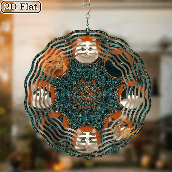 2D Flat, 1pc 10-Inch Hanging Wind Chime with 360 Hooks - Dynamic Design, Vibrant Cat Mandala Patterns, Durable Iron Garden Decor for Spring Summer Fall, Halloween Year-Round Use, Home and Seasonal