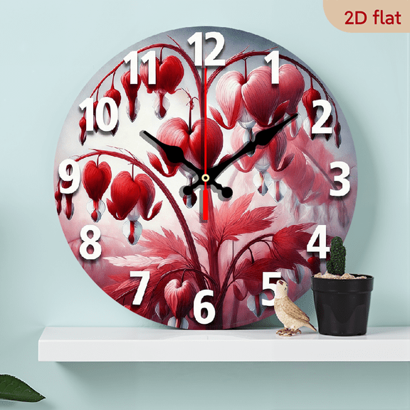2D Flat, 1pc 10 Inch Modern Red Heart Floral Wall Clock - 10-Inch Round Wooden Wall Clock with Silent Non-Ticking Movement, Red Heart Floral Design