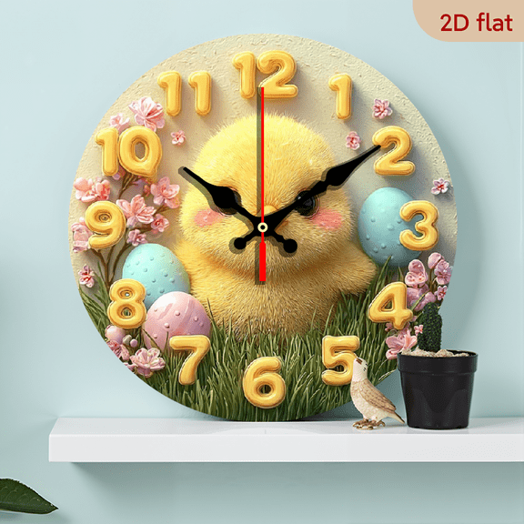 2D Flat, 1pc 10 Inch Pastel Spring Floral Chick Wall Clock - Silent Movement, Easy-to-Read Yellow Hands, Soft Mint Green Face with Floral Numbers - Easter Decor, Living Room, Kitchen - Wooden Fram