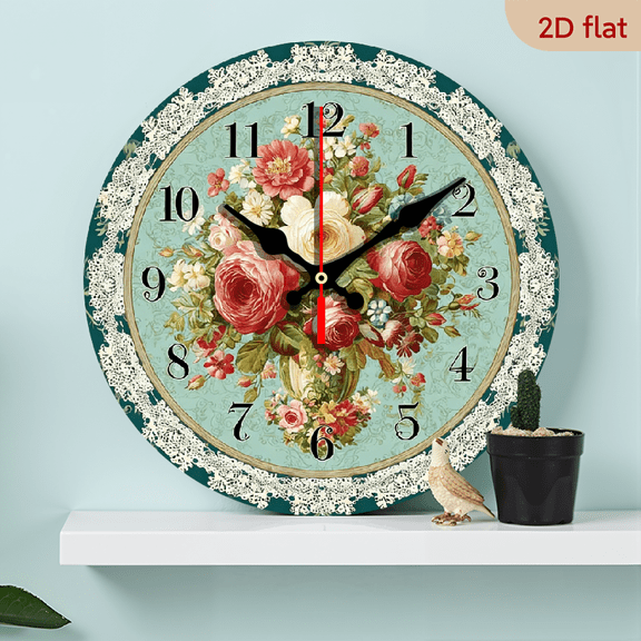 2D Flat, 1pc 10 Inch Round Wooden Wall Clock 10-Inch Unique Floral Pattern with Roses and Leaves, Silent Non-Ticking Japanese Movement, Battery Not Included, Ideal for Living Room, Bedroom, Office