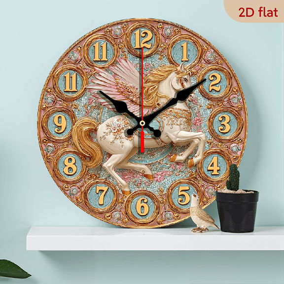 2D Flat, 1pc 10 Inch Round Wooden Wall Clock 10-Inch Unique Gift Flying Horse Mosaic Floral Clock, Silent Non-Ticking Movement, Battery Not Included, Ideal for Living Room, Bedroom, Office, Kitche