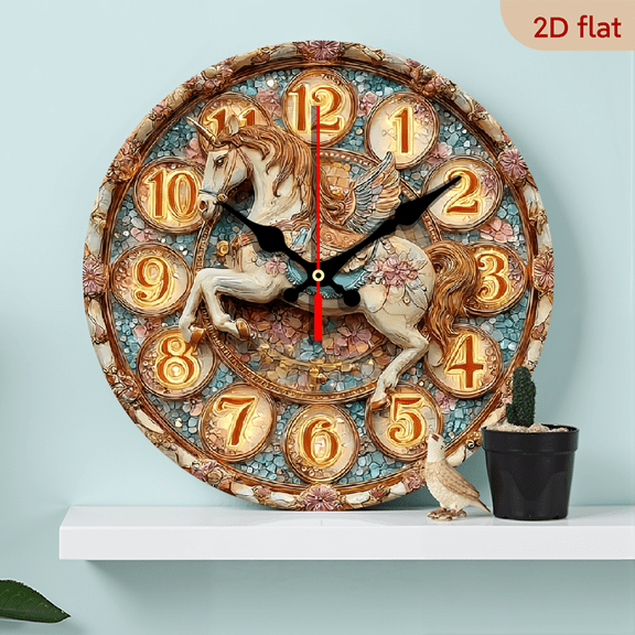 2D Flat, 1pc 10 Inch Round Wooden Wall Clock 10-Inch Unique Gift Flying Horse Mosaic Floral Clock, Silent Non-Ticking Movement, Battery Not Included, Ideal for Living Room, Bedroom, Office, Kitchen