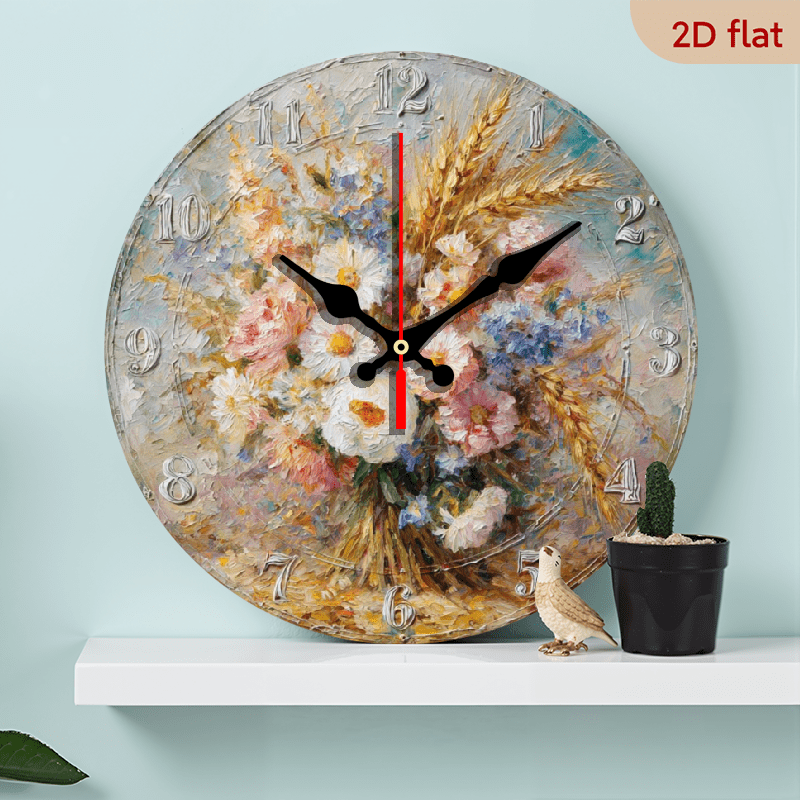 2D Flat, 1pc 10 Inch Round Wooden Wall Clock with Floral Wheat Art ...