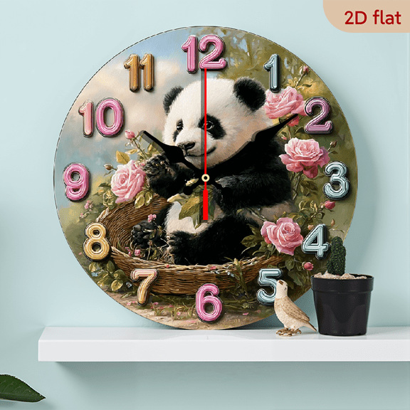 2D Flat, 1pc 10 Inch Round Wooden Wall Clock with Panda Floral Design - Silent Non-Ticking Movement, Battery Operated (AA Not Included) - Unique Gift for Living Room, Bedroom, Office, Kitchen, Chr