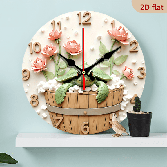 2D Flat, 1pc 10 Inch Round Wooden Wall Clock with Silent Movement - Beige Pink Floral Rose Turtle in Bucket Design, Green Hands, White Face - Battery- (No Battery Included) Room,, Living Room