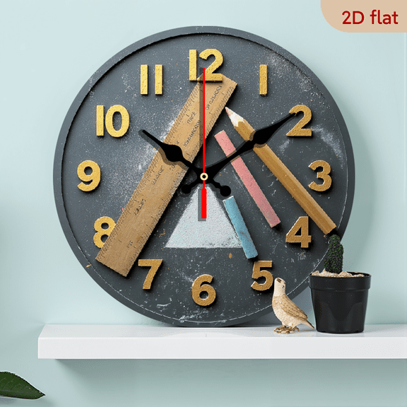 2D Flat 1pc 10-Inch Silent Wooden Wall Clock - Educational Ruler Pencil Design, Artificial Wood Round Clock for Classroom, Office, Cafe Decor, Battery Operated (AA Not Included)