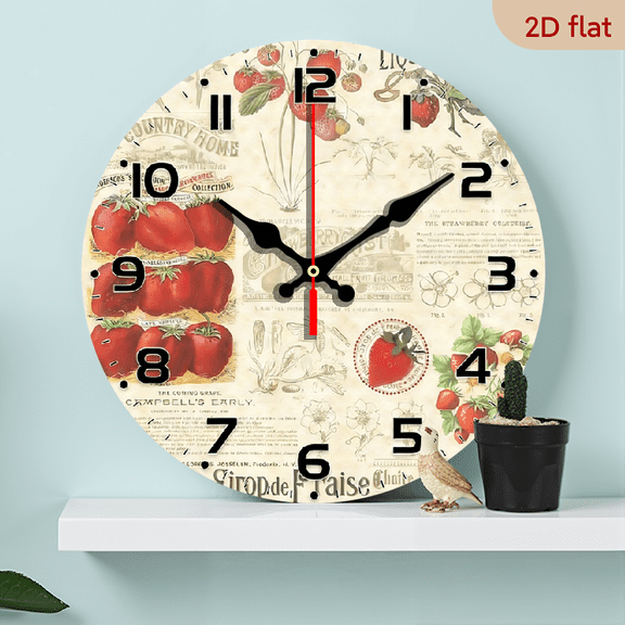 2D Flat, 1pc, 10-Inch Strawberry Newspaper-Themed Silent Wall Clock - Vintage Europe and America Style Round Flat Wood Veneer Clock with Festive Elements - Quiet Operation, Battery Not Included