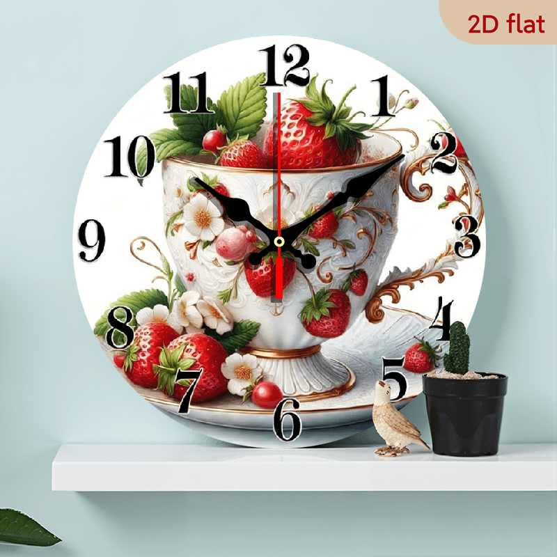 2D Flat, 1pc 10 Inch Strawberry-Themed Wooden Wall Clock Vintage Floral ...