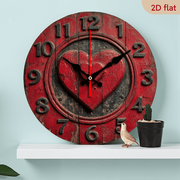 2D Flat, 1pc 10-inch round wall clock - Red heart on a wooden background, silent non-ticking Japanese movement, battery-powered (AA battery not included) - Modern farmhouse decoration Suitable for