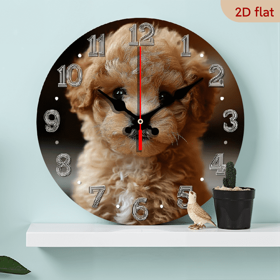 2D Flat 1pc 10Inch 25cm Wooden Round Wall Clock with Cute Poodle Design - Silent, Battery Operated - Ideal for Bedroom, Living Room, Study, Garage, for Man Cave Decor, Clock Wall Decor