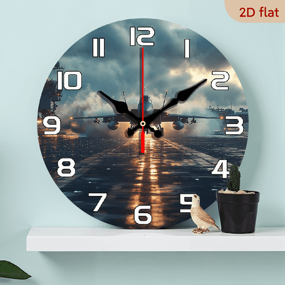 2D Flat 1pc 10Inch Airplane themed wooden wall clock, designed with fighter - jet take - off scene pattern, silent clock, suitable for living room, bedroom, kitchen, office decoration