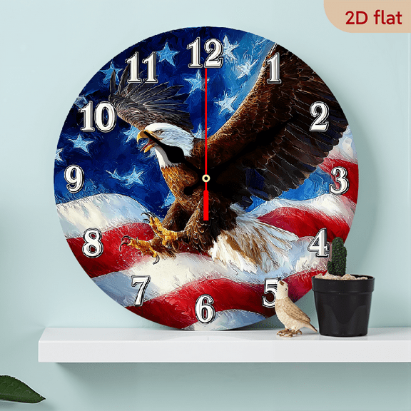 2D Flat 1pc 10Inch American Flag Bald Eagle Patriotic Wall Clock - Round Wooden Clock with U S Flag Design, Battery Operated ( AA Not Included) - for Living Room, Office, Kitchen, Bathroom