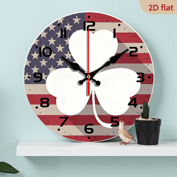 2D Flat, 1pc 10Inch American Irish-Themed Round Wooden Wall Clock - Large Four-Leaf Flag Design, Silent Non-Ticking Quartz Movement, White Hands_Black Hour Markers for, Office, St Patricks Day Dec