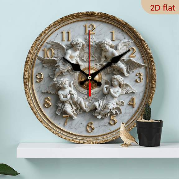 2D Flat 1pc 10Inch Angel Holding Hands Wooden Wall Clock - Farmhouse Style Silent Non-Ticking Round Clock with Golden Numbers Marble Texture, Battery Operated (AA Not Included) for Kitchen