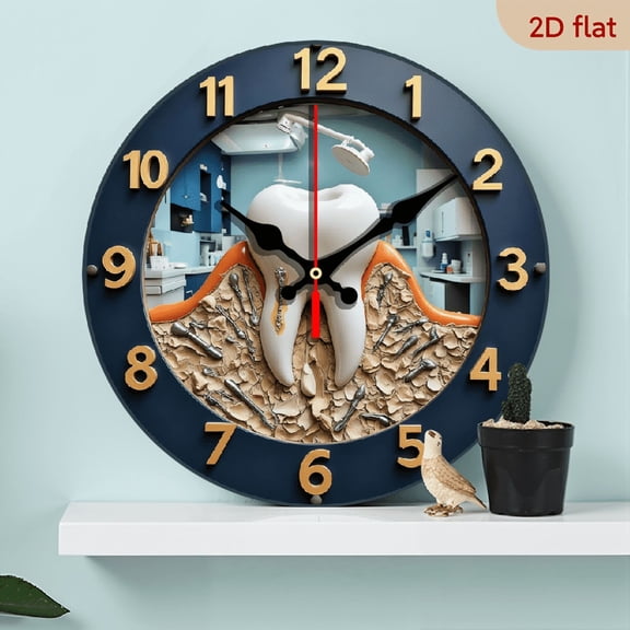 2D Flat 1pc 10Inch Artificial Wood Silent Wall Clock - Round Dental Tooth Design with 24 Hour Markings, Battery Operated (AA Not Included) for Bedroom, Office, Cafe, Party Decor, Mothers